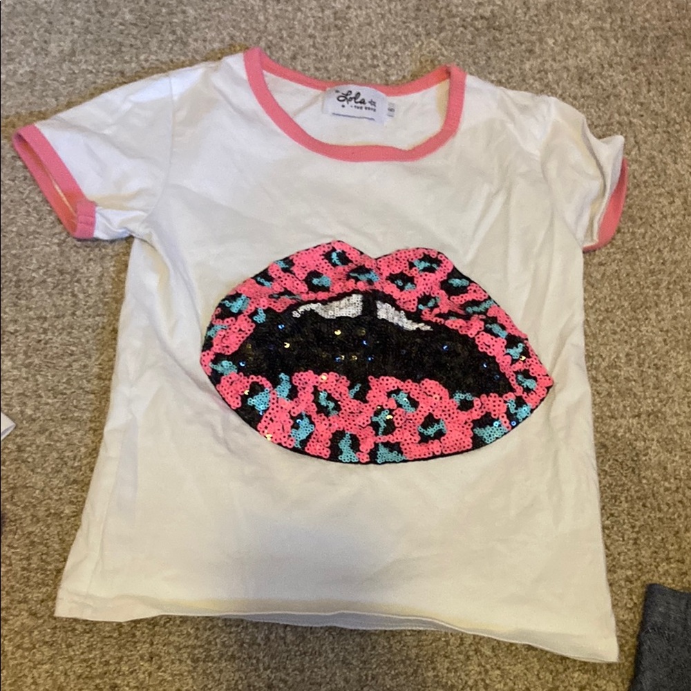 Lola Kids White and Pink Sequin Lips T-Shirt